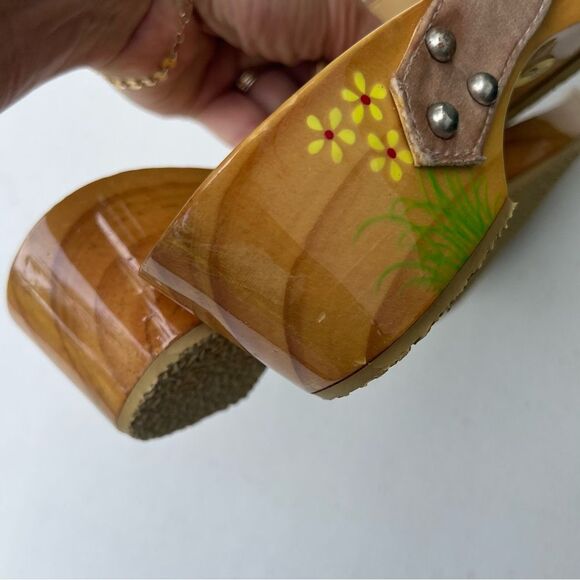 Woodies Vintage Shoes Wooden Wedge Sandals HAND PAINTED PALM TREES Clogs Sz 6 - Picture 12 of 15